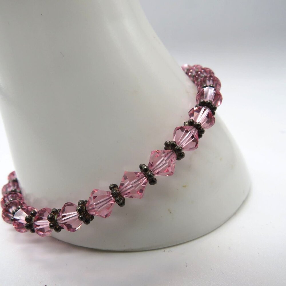 Vintage Pink Crystal Bead Bracelet Metal Spacer Beads‎ Extender